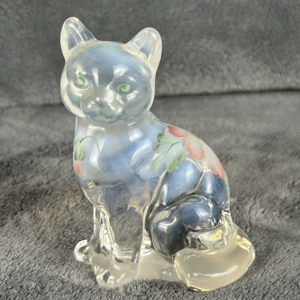 Fenton Art Glass Floral Sitting Cat Clear Opalescent Hand Painted Signed P Lane